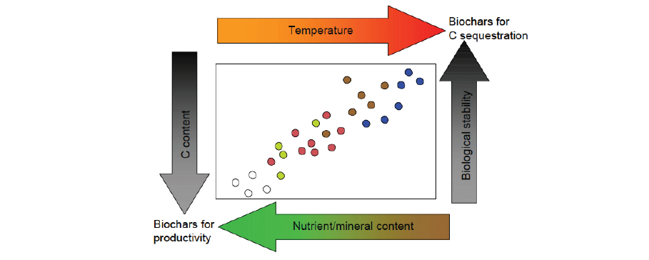 Figure 7: Biochars produced from different feedstocks (coloured circles) and at different temperature vary in their  properties (Soil quality 2022).
